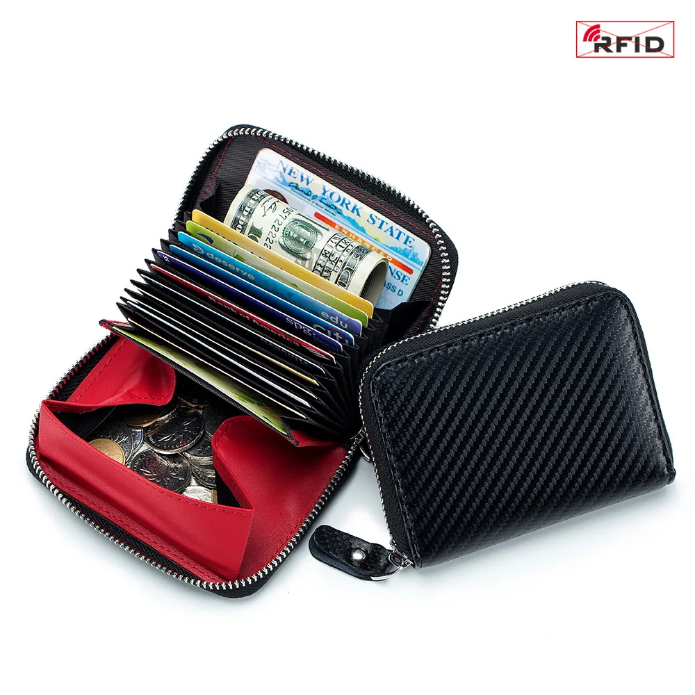 RFID Business Card Holder Carbon Fiber Credit Card Case Leather Zipper Change Pocket  Money Bag Coin Purse 12 Slots Cards Wallet