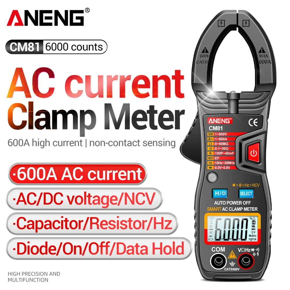 ANENG CM80/CM81 Digital Clamp Meter AC Current Multimeter Ammeter Voltage Tester Car Amp Hz Capacitance NCV Ohm Test