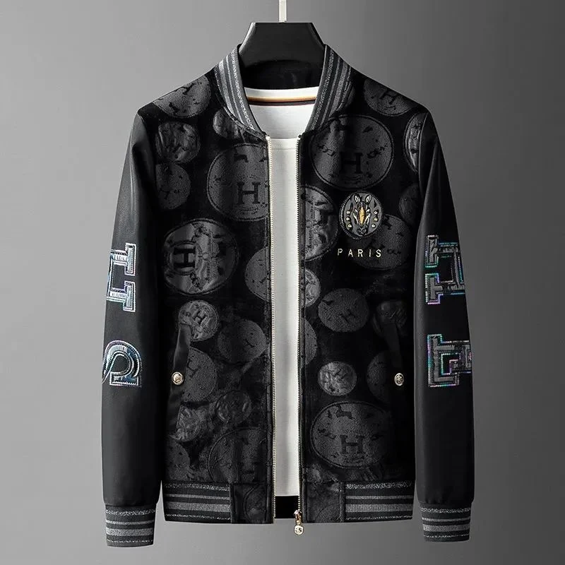 

Роскошная брендовая Роскошная модная куртка с вышитым золотым тиснением воротником-стойкой мужская осенне-зимняя новая Стильная универсальная приталенная бархатная куртка