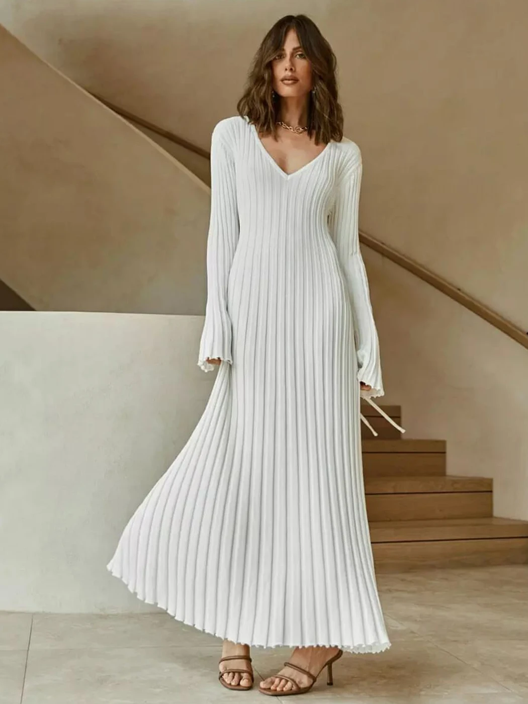 

Casual Big Pit Strip Slim Knitted Long Dress V-neck Long Sleeve Women Spring Summer Dress Solid Simple Beasic Pleated Dresses