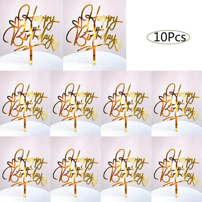 

10 Pcs Acrylic Happy Birthday Cake Topper red Gold Kid's Birthdays Cake Toppers Decoration for Baby Shower Party Baking Supplies