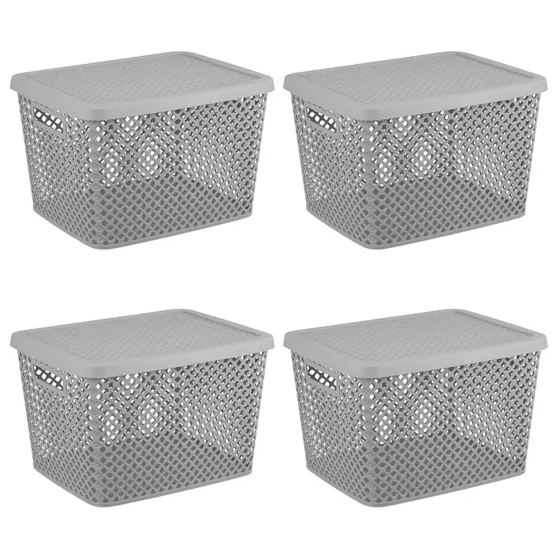 

Large Decorative Plastic Storage Basket w/Lid, Gray