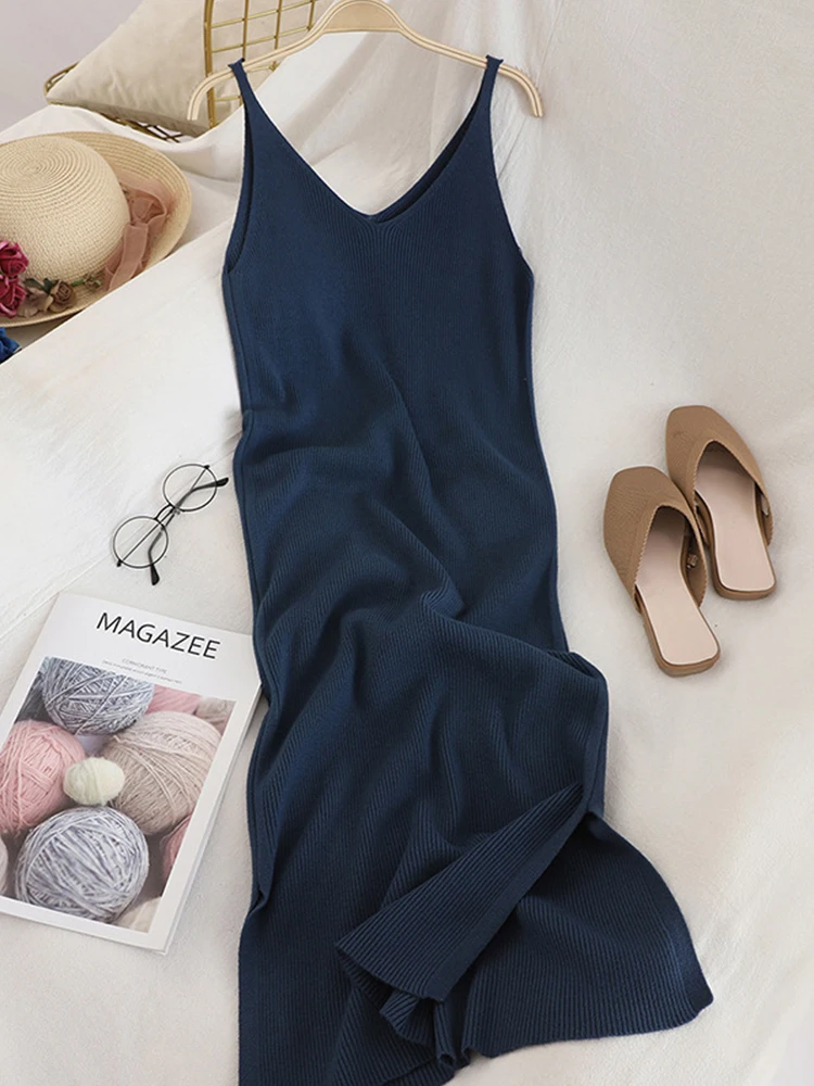

V Neck Solid Knitted Dresses Casual All Match Simple Fashion Korean Women Dress Elegant Vestidos New Clothes