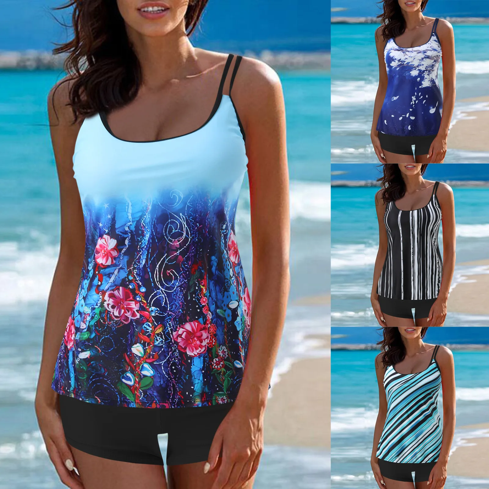 

Women Print Tankini Swimsuits With Boyshorts V Neck Swim Tank Tops Bathing Suits 2 Piece Swimwear