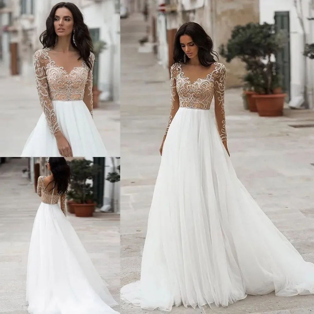 Элегантное свадебное платье с длинным рукавом аппликацией из органзы вышивкой