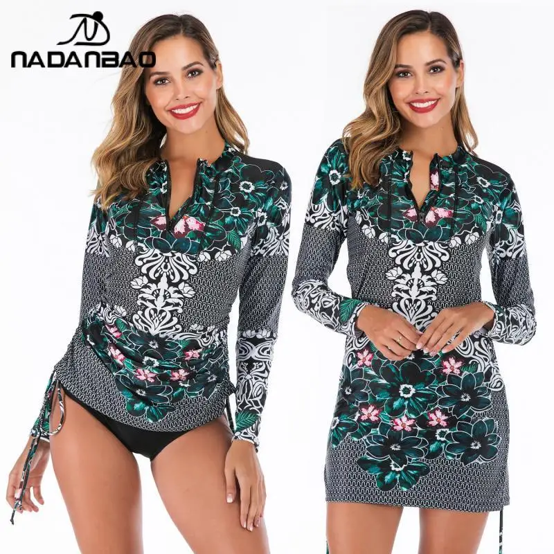 

NADANBAO 2022 Summer 2Pcs Swimsuits Long-sleeved Surfing Sunscreen Suits Women Rash Guard Zipper Beachwear Sexy Aonihua Monokini