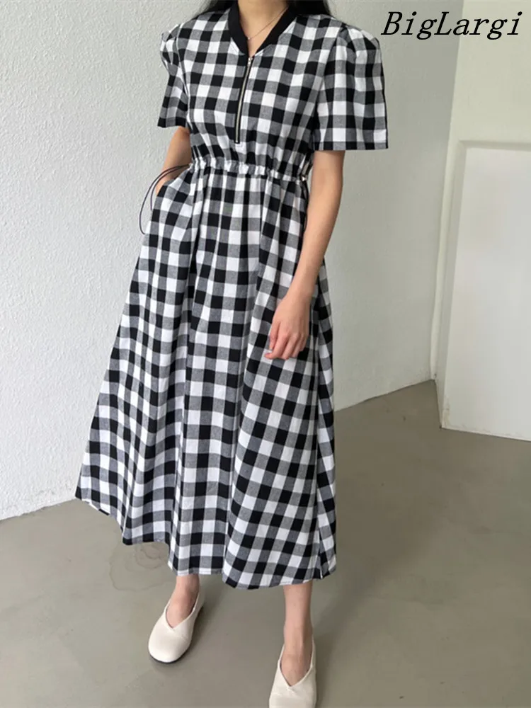 

Ruffle Pleated Plaid Long Dress Women Vintage Elegant Casual Korean Modis Ladies Dresses Vestidos Largos Summer 2023