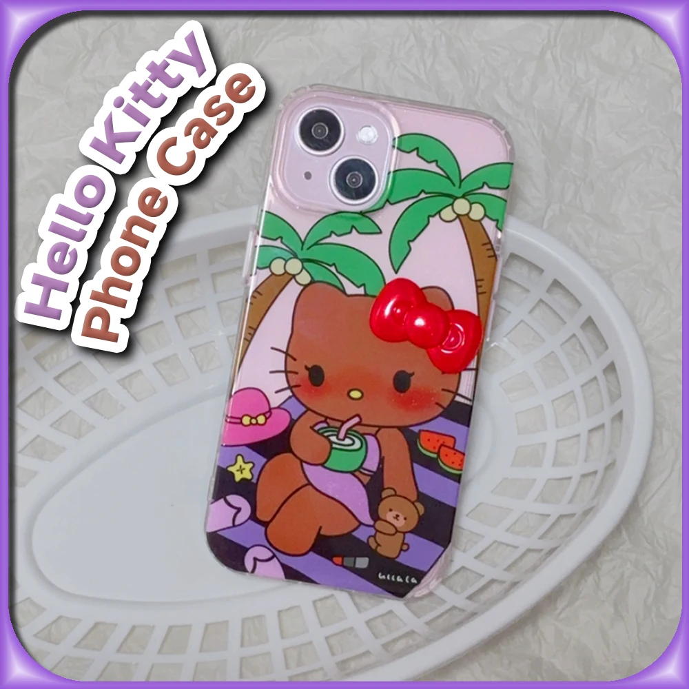 Прозрачный чехол Kawaii Hawaii Tan Hello Kitty для iPhone 15 14 13 12 Pro Max Sanrio защитный с 3D орнаментом в