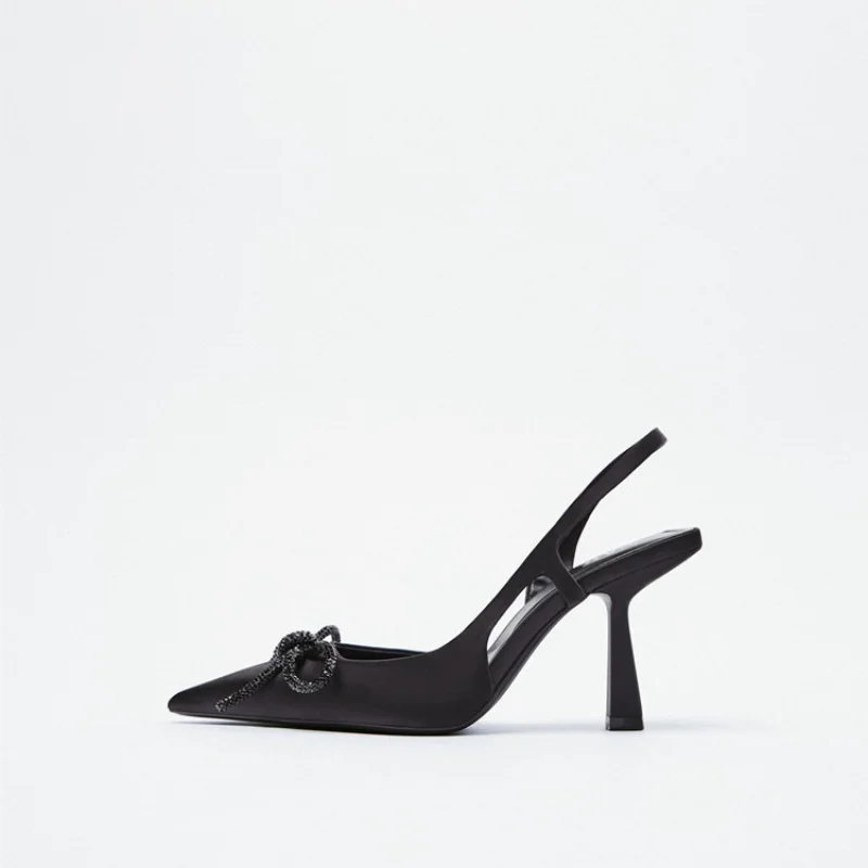 2023 New Summer Woman Sandals Sparkly Bow Heels Fashion Pointed Toes Sandals Elegant Slingback Crystal Female Party Pumps Ladies