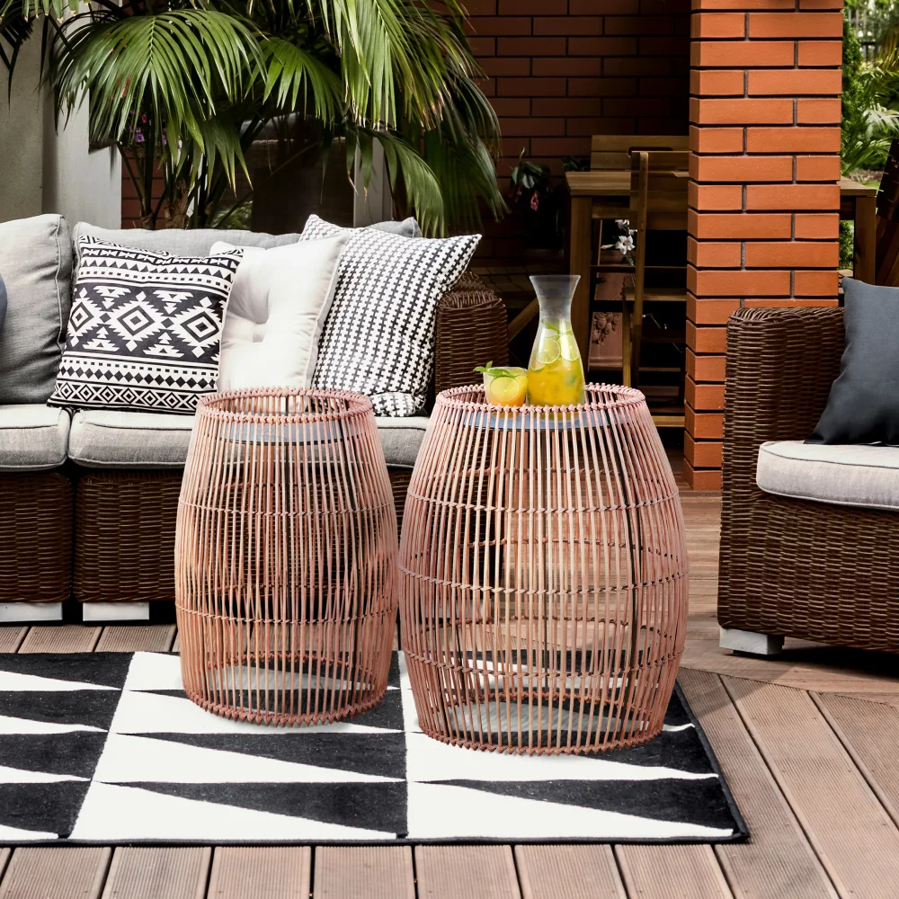

Large Round Outdoor Patio Bamboo Side Table with Iron Top, Brown