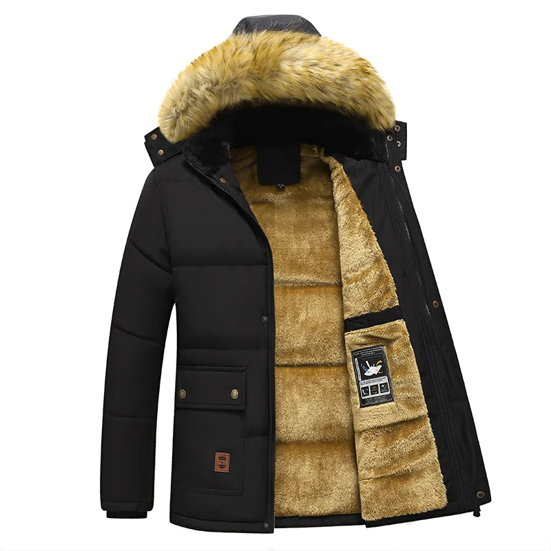 

Мужская теплая куртка на флисовой подкладке, черная плюшевая куртка с капюшоном и меховым воротником, Размер 5XL, Осень-зима 2023