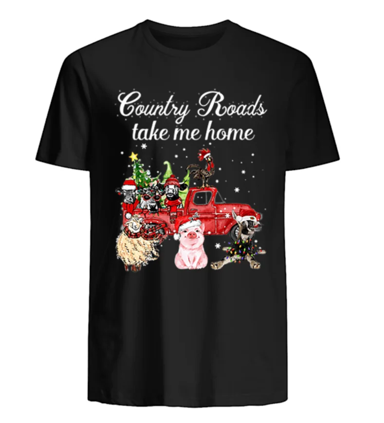 

Country Roads Christmas Cows Sheep Chicken Pig Donkey Farm Xmas Gift T-Shirt 100% Cotton O-Neck Short Sleeve Casual Mens T-shirt