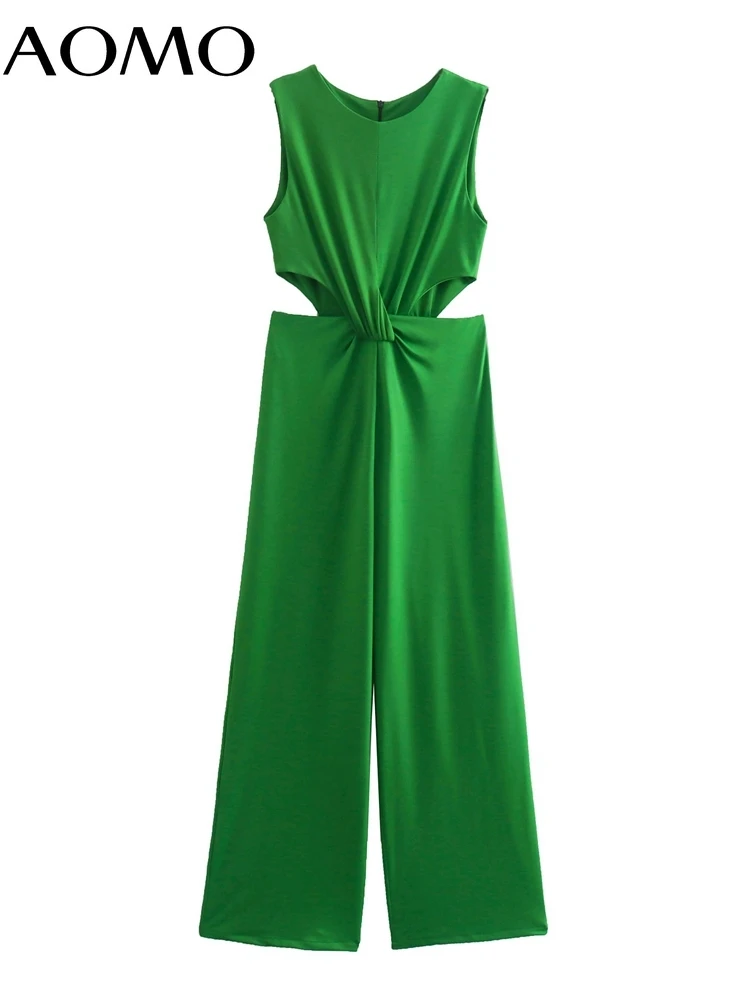 

AOMO Women Green Cut-out Bow Sleeveless Rompers Ladies Summer Casual Chic Jumpsuits AB30A