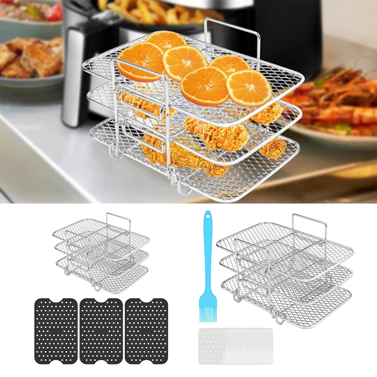 

Подставка для фритюрницы с 50 вкладышами, решетка из нержавеющей стали для жарки с силиконовым ковриком, 3-слойный Дегидратор для жарки