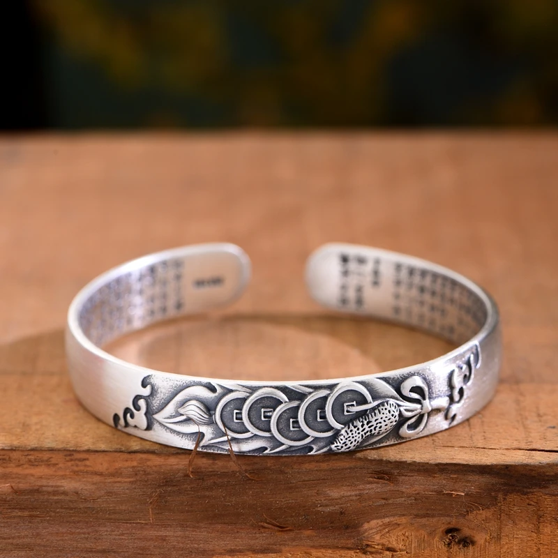 

New Handmade Five Emperor Money Transfer Heart Sutra Men And Women Opening Adjustable Solid Retro Lovers Silver Bracelet Jewelry