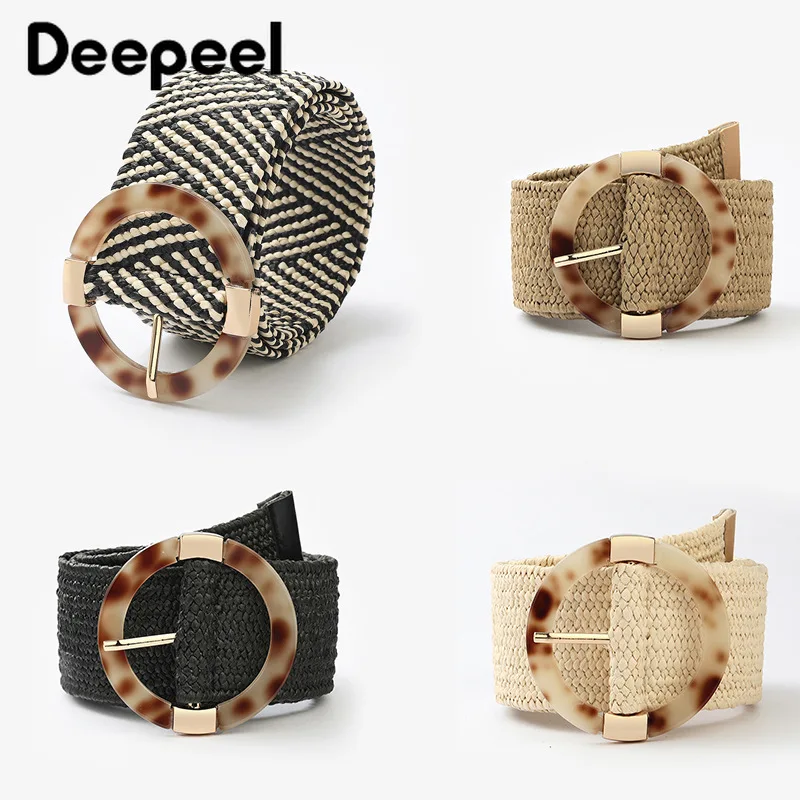 

Deepeel 4.8*92cm Vintage Bohemian Braided Belt Resin Buckle PP Straw Woven Belts Women Cummerbund Dress Decorative Waist Strap