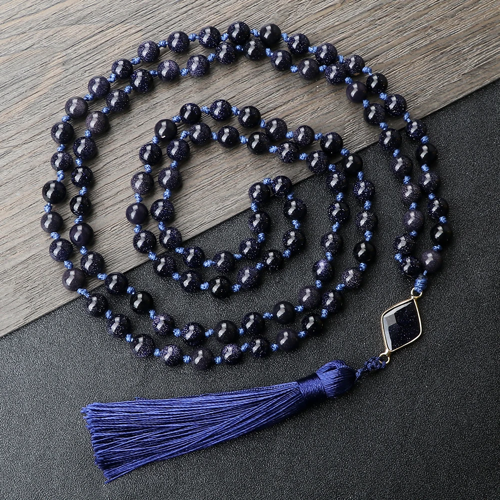 Ожерелье из натурального песчаника 8 мм синее золото каменные бусины 108 мала