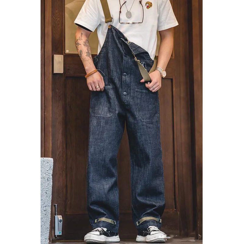 Retro Cargo Overalls Navy Deck Denim Bib Overalls Washed Denim Straight Jeans Japanese Men's Pocket Jumpsuit Trendy Street Wear