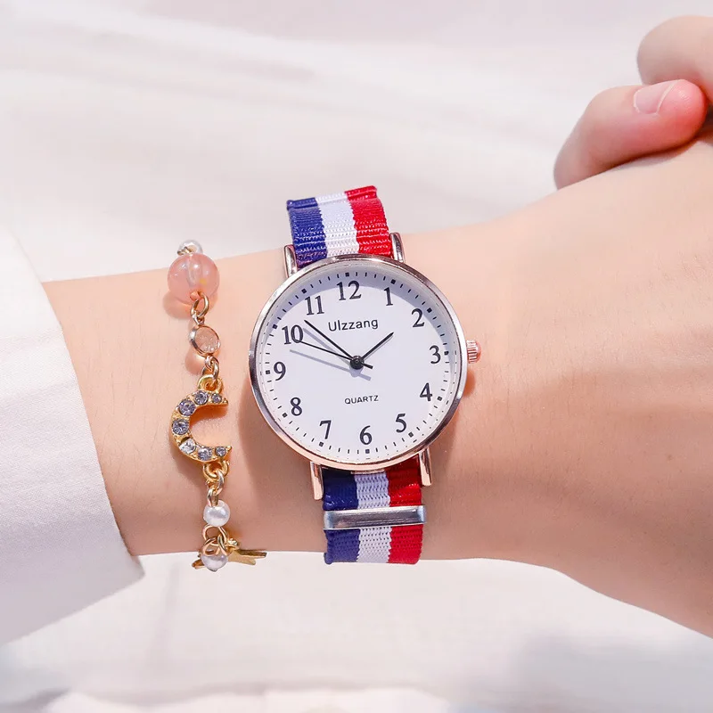 

Fashion Round Quartz Stainless Dial Casual Wrist Watches Rainbow Fabric Strap Fashionable Clock Waterproof Wristwatch for Ladies