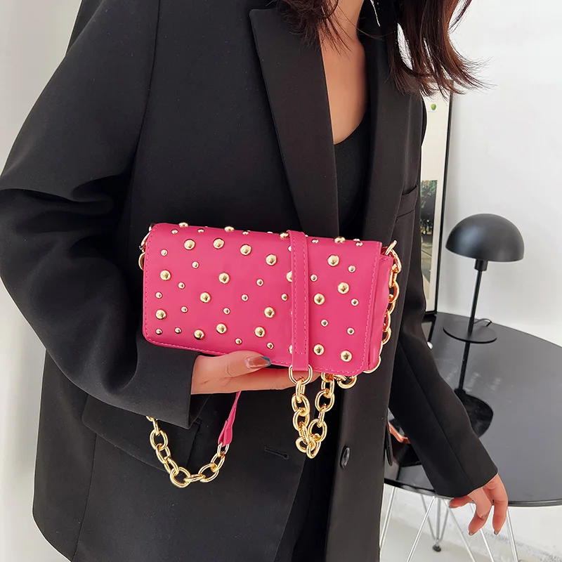 

2022 New Luxury Women Thick Chain Flap Bags Rivets Shoulder Bag Brand Designer Female Crossbody Bag PU Leather Handbag and Purse