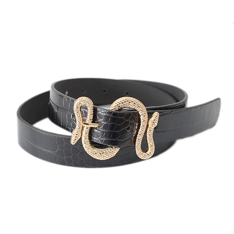 

PU Leather Designer Belts for Women High Quality Luxury Brand Shiny Rhinestone Snake Buckle Corset Belt Ladies Jeans Waistband