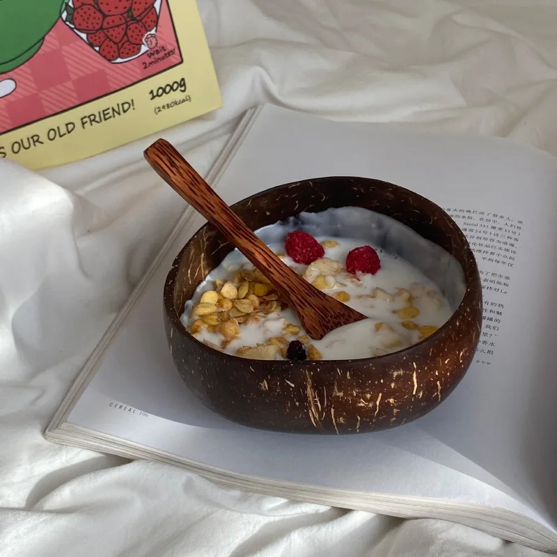 

Natural Coconut Pattern Bowl and Spoon Coconut Bowl Creative Fruit Salad Noodle Rice Ramen Bowl Mixing Bowl Wooden Tableware