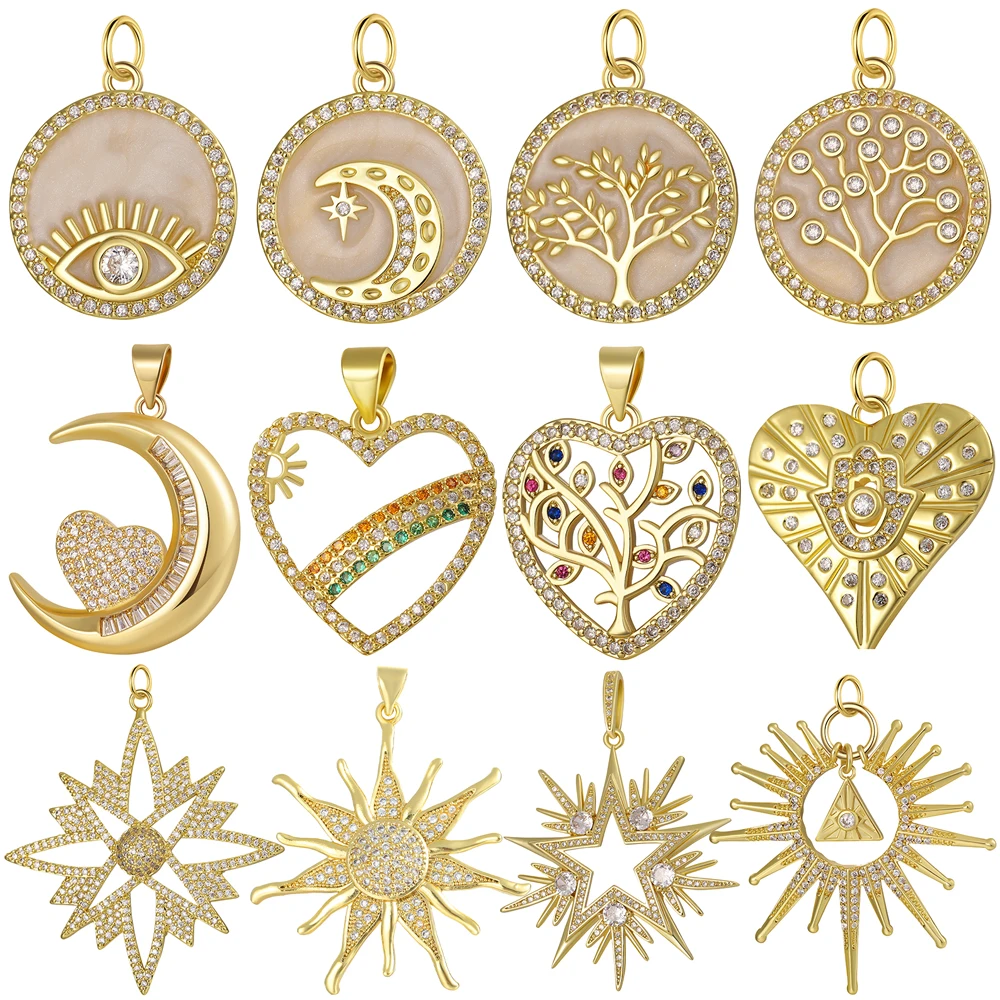 

Juya 18K Real Gold Plated New CreativeTree Of Life Evil Eye Moon Star Hamsa Love Heart Charms For DIY Pendant Jewelry Making