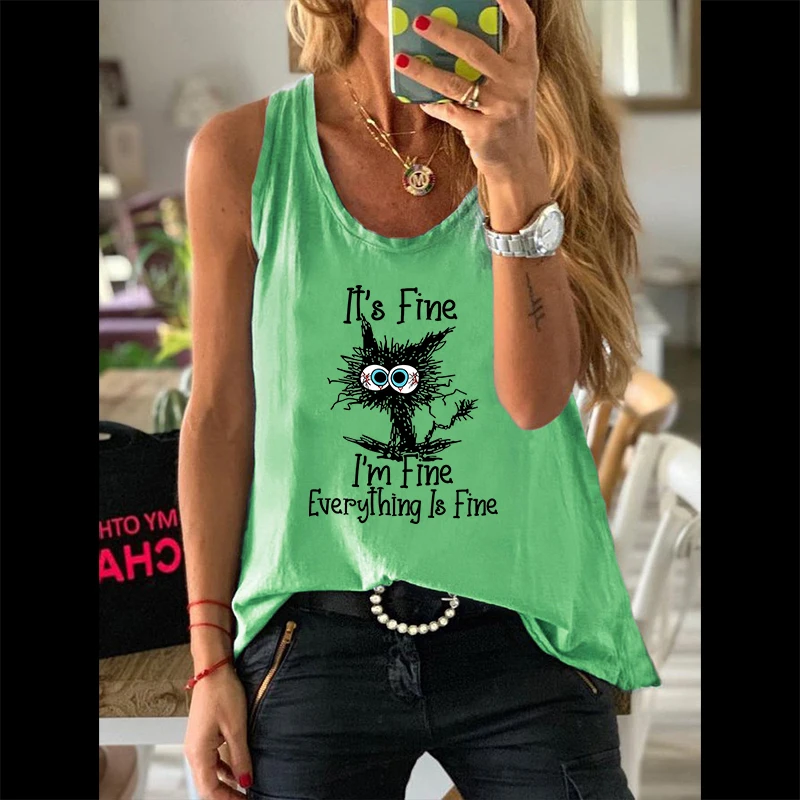 Summer Casual Fashion Women Graphic Sleeveless Vests Black Cat Letter Print Female Vintage Streetwear Waistcoat Ladies Tank Tops |