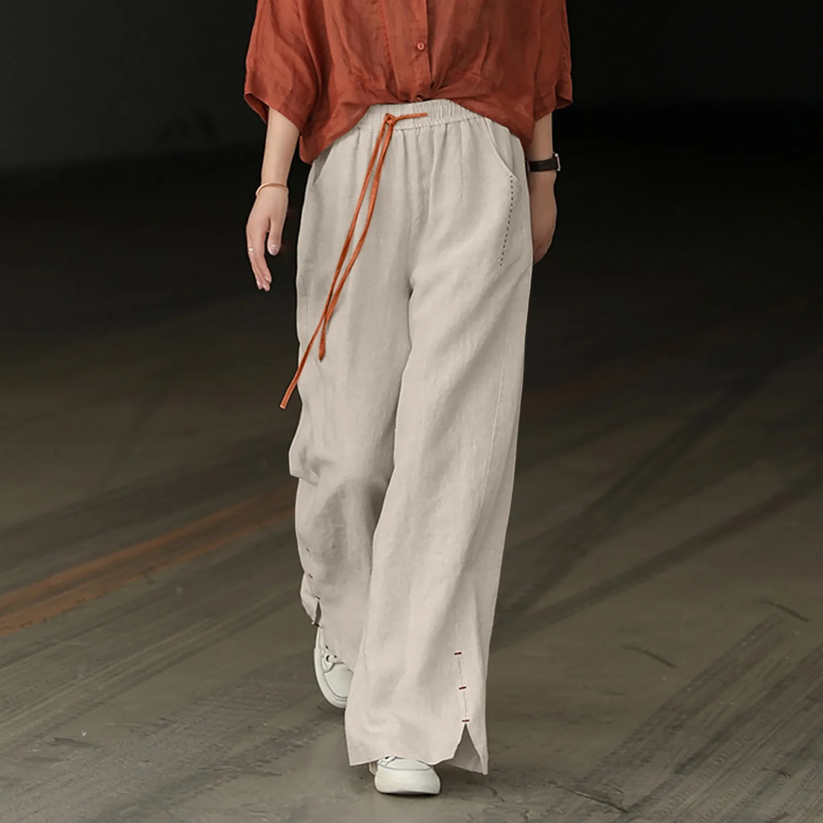 

New Women'S Plus Size Cotton Pants Wide Leg Palazzo Loose Retro Trousers High Elastic Waist Casual Pants With Pocket Literary