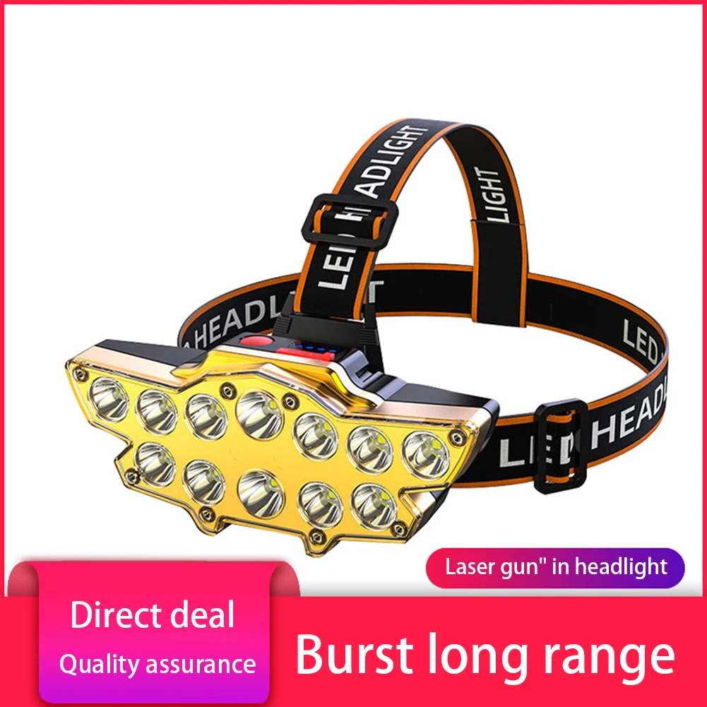 

Мощный Головной фонарь для ночной рыбалки, 12 светодиодов, зарядка через USB, головной убор большого радиуса действия, фонарь для отдыха на отк...