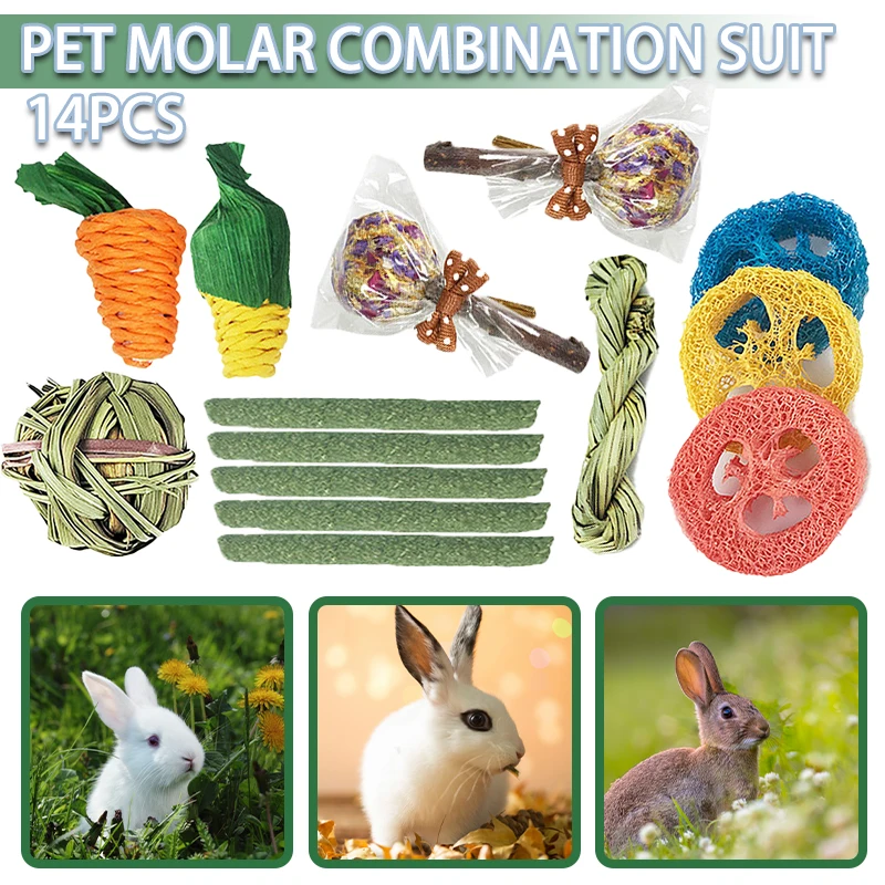 

14pcs Small Animal Chew Toys Set Rabbits Hamster Guinea Pig Teeth Grinding Teeth Toys Corn Carrot Woven Balls Pet Tooth Cleaning