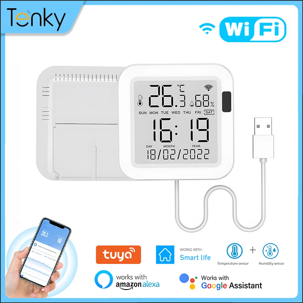 

Tenky WiFi Temperature And Humidity Sensor With LCD Screen Backlight USB Power Charging Smart Home Remote Monitor Support Alexa
