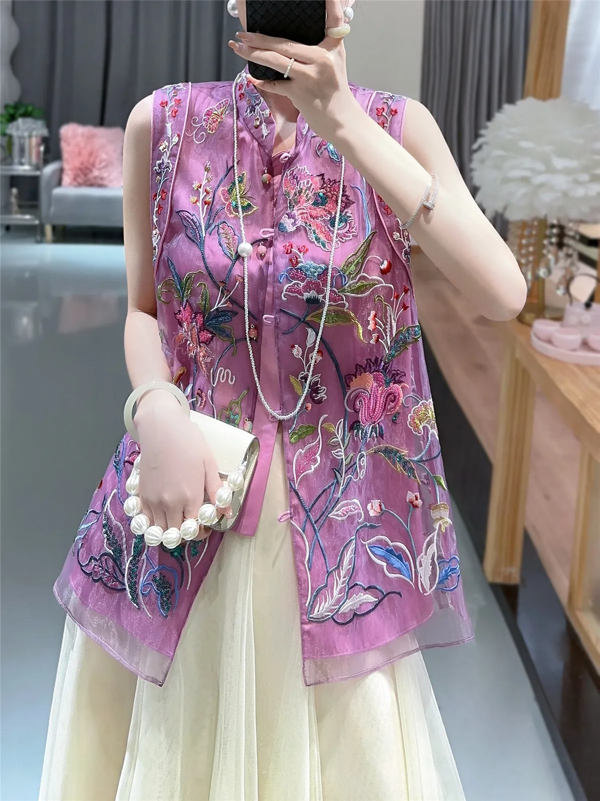 

Женский жилет с вышивкой, элегантный сетчатый жилет в китайском стиле ретро, весна-лето