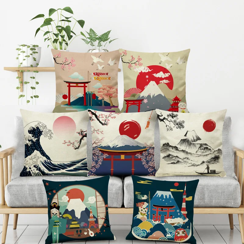 

Japanese Ukiyo Pattern Cushion Cover 45*45 Pillowcase Sofa Cushions Pillow Cases Super Soft Short Plush Pillow Covers Home Decor