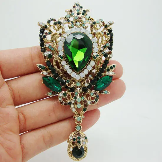 Fashion Jewelry Crown Flower Drop Green Crystal Rhinestone Brooch Pin Pendant Mom Dress Decoration Brooch Party Unique