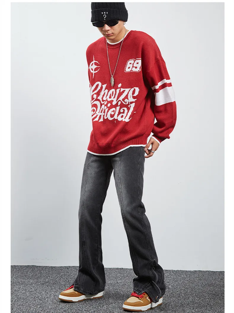 Streetwear Men Side Fork Foot Buckle Zipper Recreational Jeans Black Loose Straight Cylinder Trousers Autumn and Winter Female