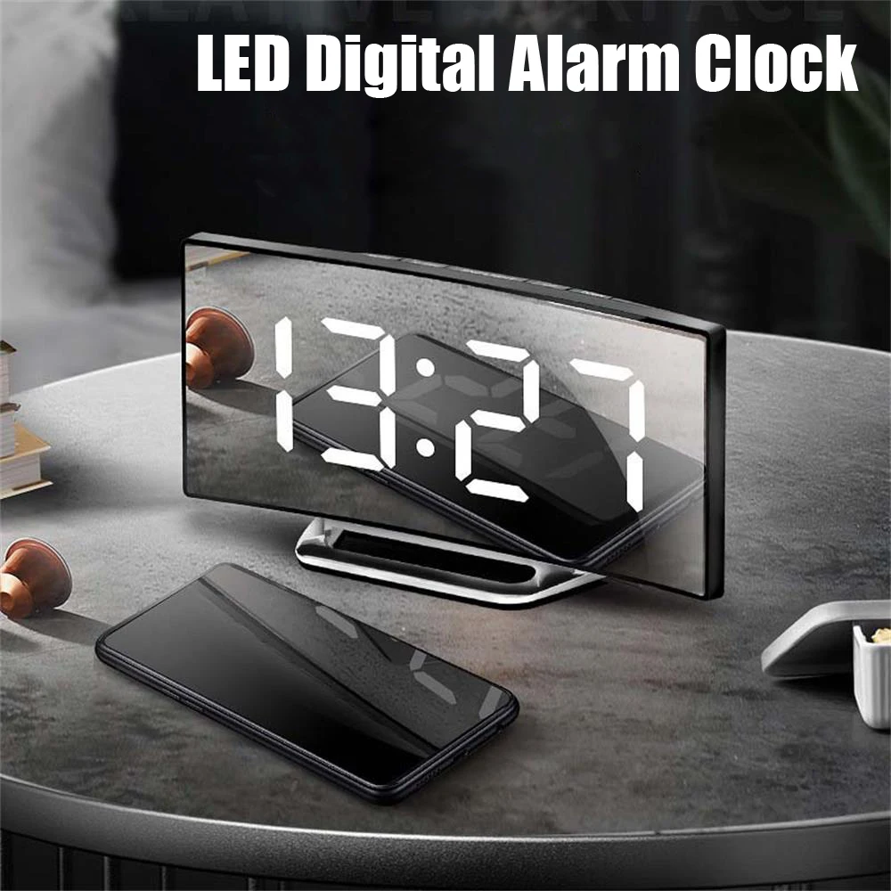 

LED Digital Alarm Clock Screen Curved Mirror Table Clock Electronic Desktop Snooze Function Alarm Clock Bedroom Home Decoration