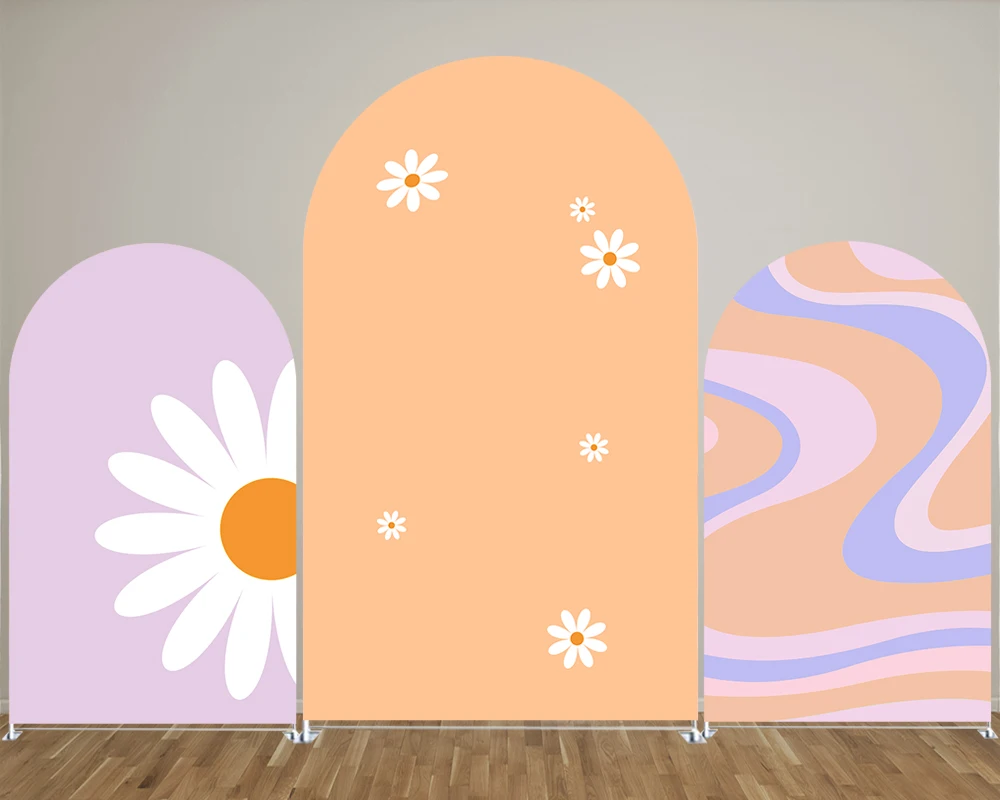 

Purple Orange Daisy Print Theme Arch Backdrop Covers for Parties, Arched Panels Wedding Birthday Party Decoration Props