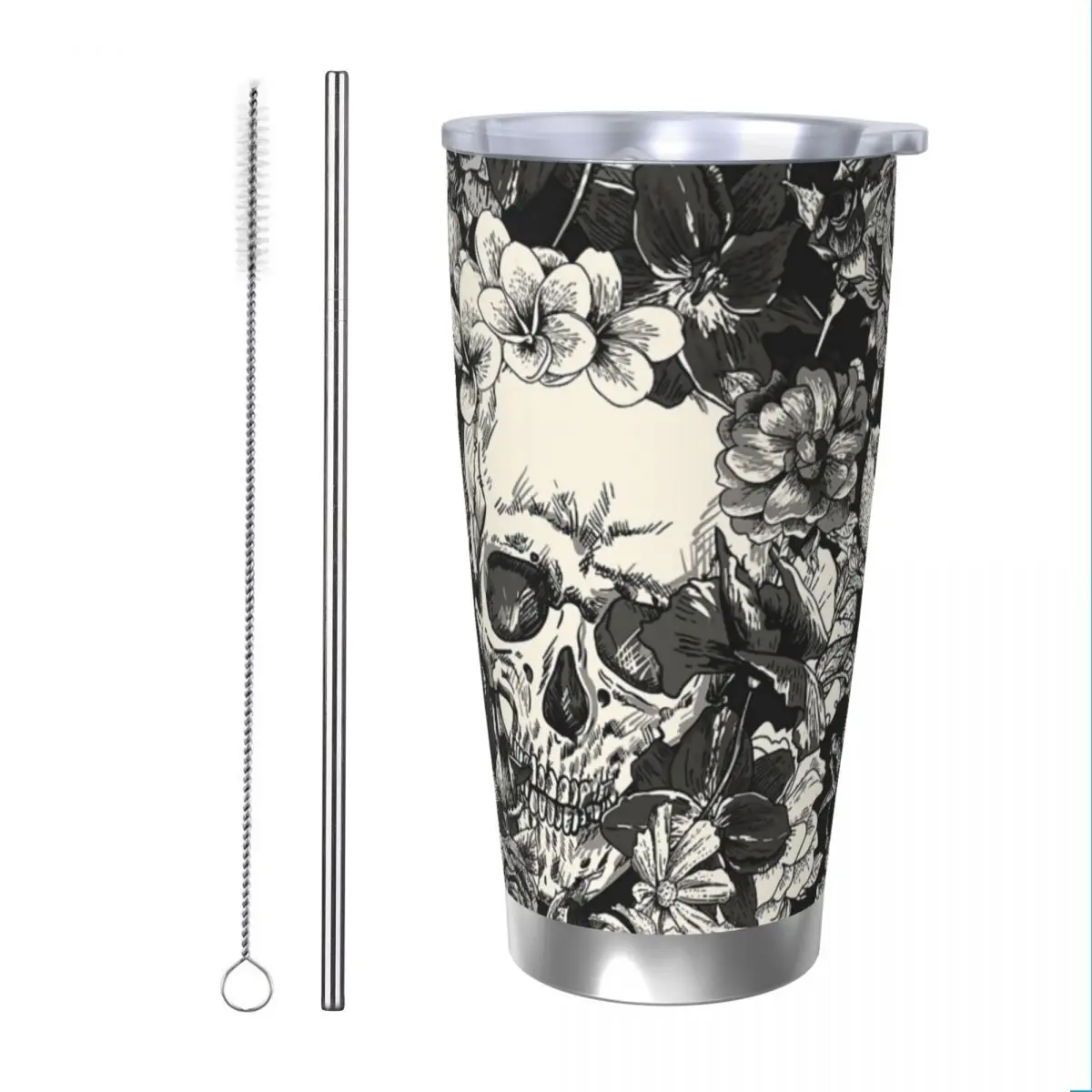 Изолированный стакан с крышкой и черепами розами Готическая Термокружка Из
