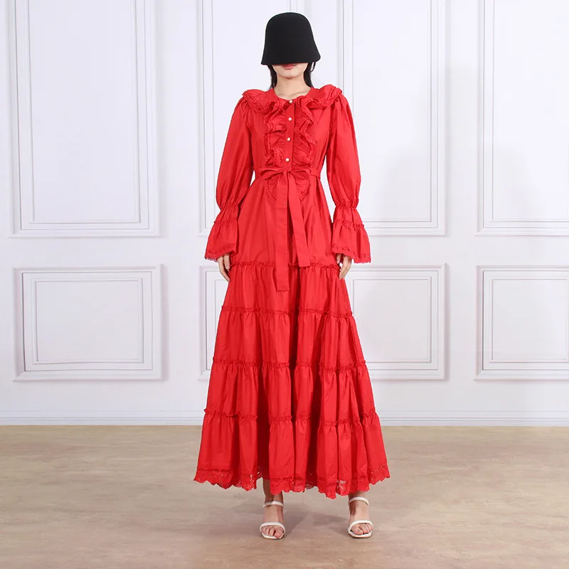 

VANOVICH осень 2023 новый французский стиль темпераментный о-образный вырез лоскутное кружевное дизайнерское приталенное платье модное однотонное длинное платье