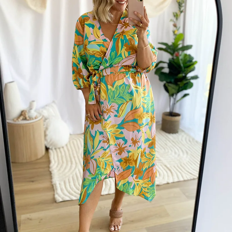 

Модное и модное женское Асимметричное Платье с принтом, V-образным вырезом, рукавами-фонариками и поясом