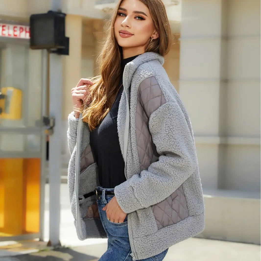 

2023 Women's Autumn And Winter Warm Coat New Fashion Long Sleeve Cardigan Zipper Plush Splice Women's Jacket