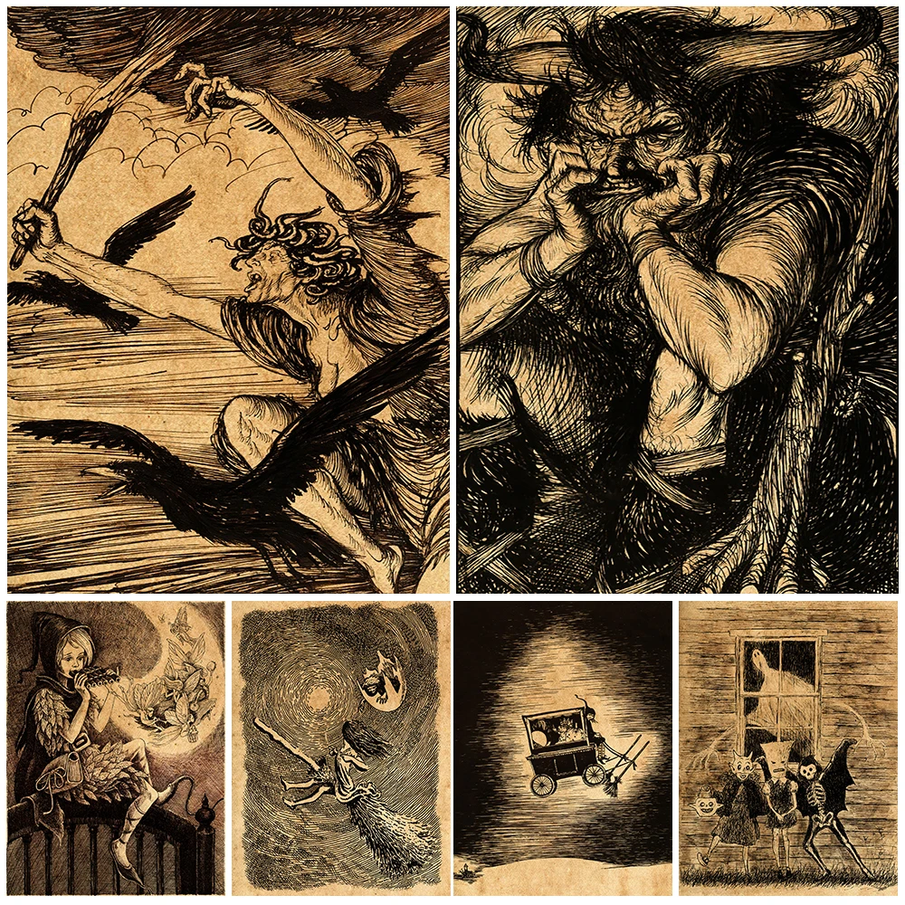 

Flying Witches And Halloween Ghosts Vintage Wall Art Canvas Painting Spirit Fairies Concert Art Poster And Print Home Decoration