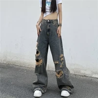 ripped hole jeans for women streetwear high waist baggy jeans retro hip hop casual straight pants harajuku y2k wide leg trousers