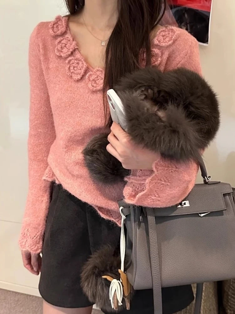 Свитер с 3D цветочным принтом топы женская одежда милый однотонный джемпер Pull Femme