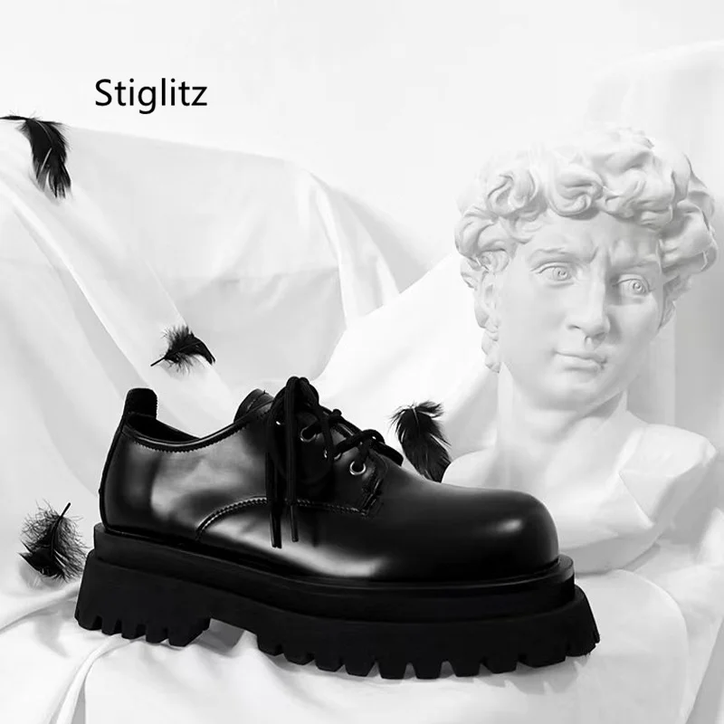 Повседневные кожаные туфли с круглым носком для мужчин и женщин дерби на толстой