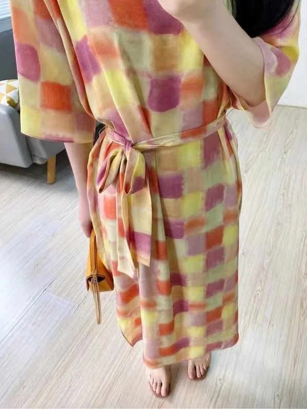 2023 spring and summer women's clothing fashion new Colorful Plaid Printed Loose Silk Dress 0526