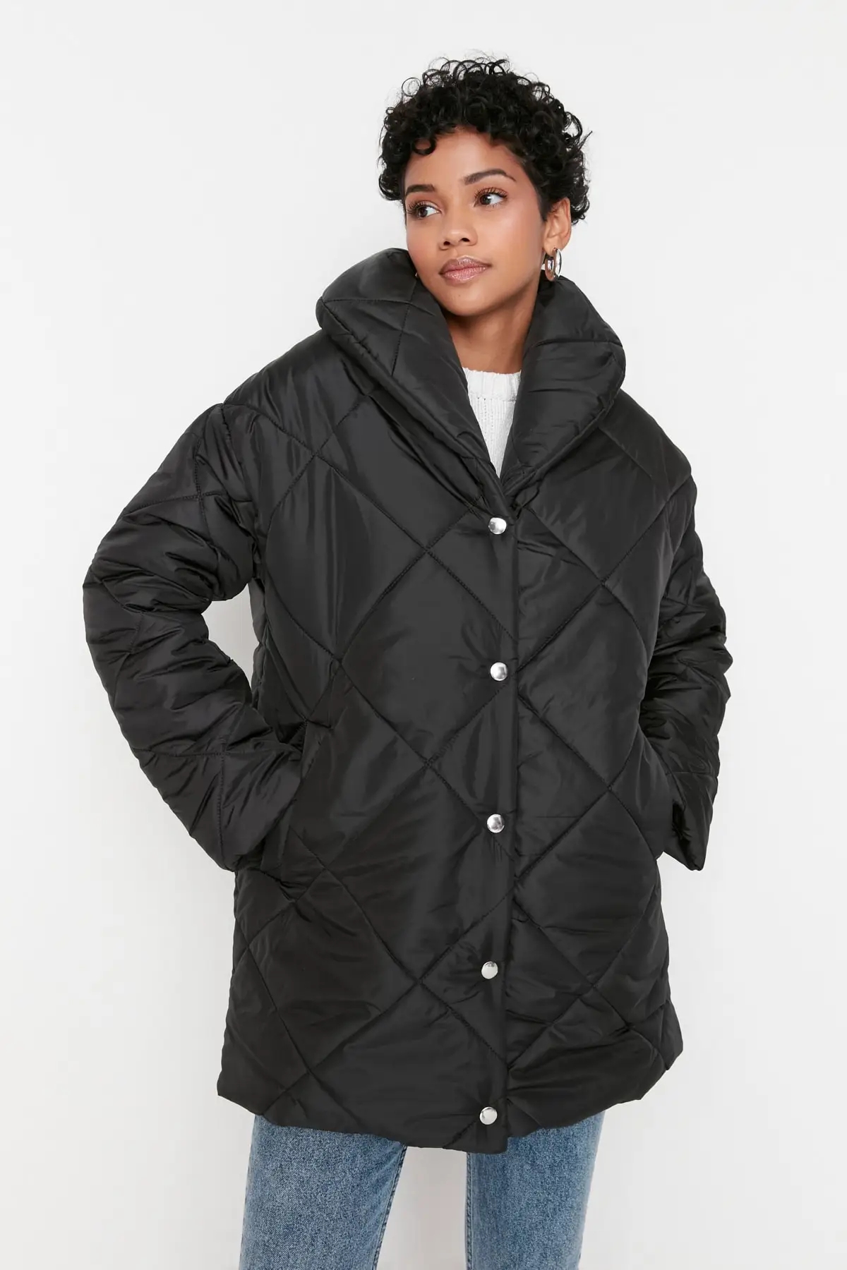 

Black Oversize Quilted Inflatable Coat TWOAW22MO0069 Personalized Design