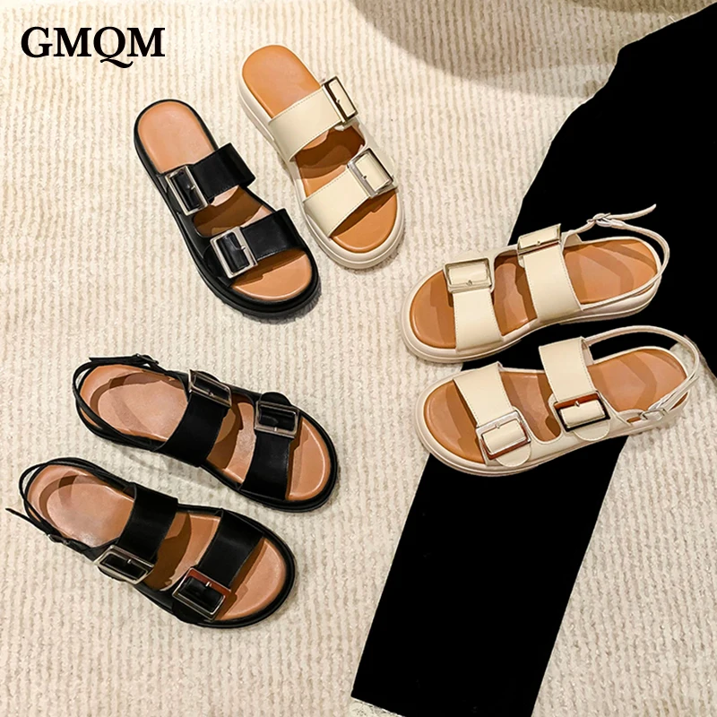 Женские летние тапочки на толстой платформе GMQM сандалии из натуральной кожи