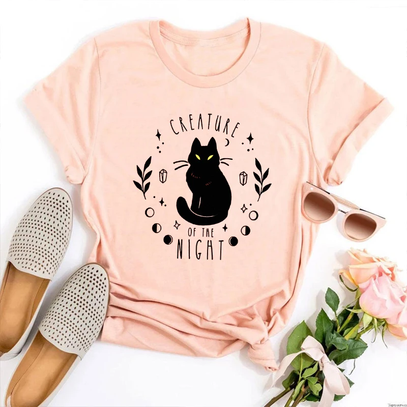 

Black Cat Halloween Shirt Halloween Tshirt Magic Crystals Oversized Tshirt Skull Graphic T Shirts Classic Cartoon Tee